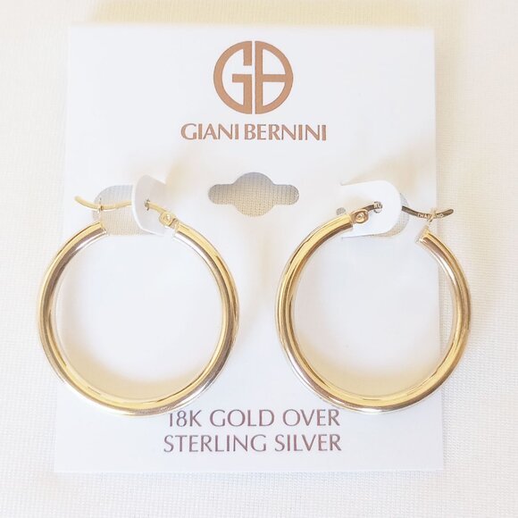 NWT 18K GP Sterling Silver Polished Tube Hoop Earrings 30mm x 3mm - Picture 1 of 5